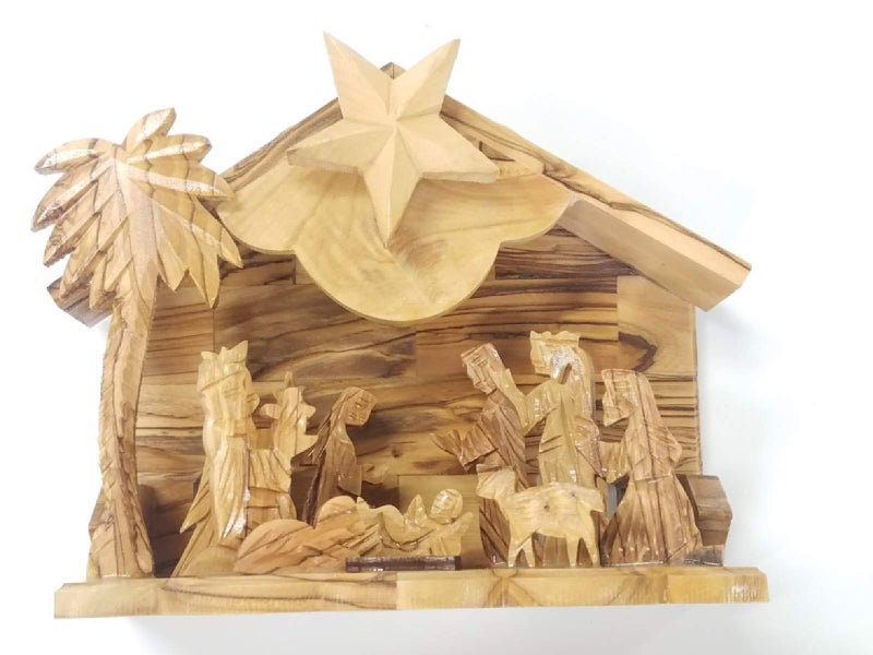 Bethlehem Gifts TM Handcarved Bethlehem Olive Wood Miniature Nativity Scene Set with Stable 12 Pieces (6" Musical Stable) - Image 4